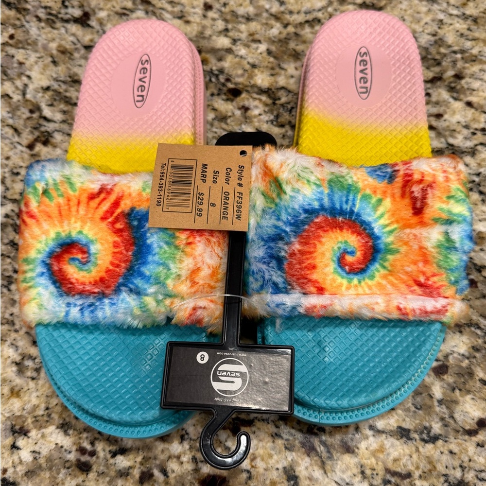 Seven tie dyed faux fur rainbow colored slides Size 8